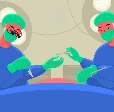 Vascular trauma surgery in progress: two surgeons performing delicate blood vessel repair on patient in sterile operating roo