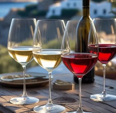 Fünf Gläser griechischen Weins – zwei Weißwein und drei Rotwein – auf einem Tisch mit Meerblick.