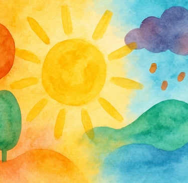Watercolour illustration of sun, clouds, hills, and tree with balanced warm and cool tones.