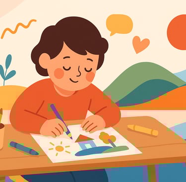 Child drawing a house and sun with crayons at a desk, with blue accents in the background.