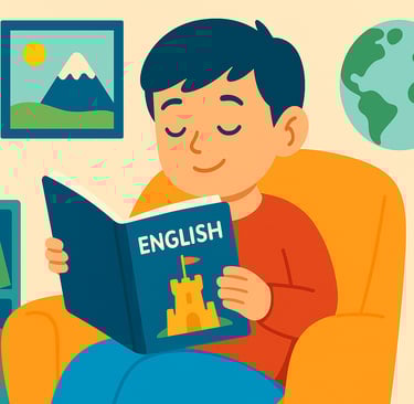 Flat illustration of a boy reading an English book in a cozy room with bookshelf and globe.