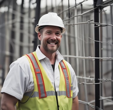 A person wearing a red hard hat and red protective workwear can be seen from behind. The helmet has a 'Safety First' sticker, emphasizing workplace safety. The person appears to be outdoors, and there is a green, blurred background, suggesting a construction or industrial setting.