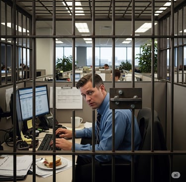 a man in a blue shirt and tie in a cubicle but behind bars
