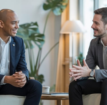 two men sitting in chairs talking to each other