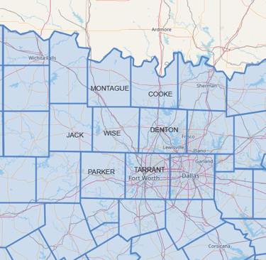 Map of counties in North Texas. 