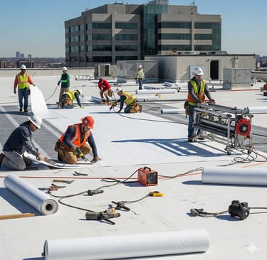 commercial roofers installing a white TPO roof on a flat commercial building roof top in joliet