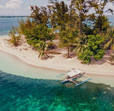a boat is sitting on a small island