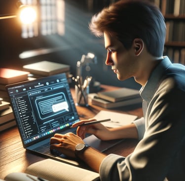 una ilustración de un chico joven estudiando con ChatGPT