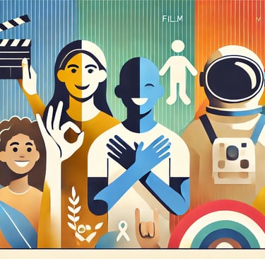 una imagen mostrando diversos seres humanos y símbolos cinematográficos