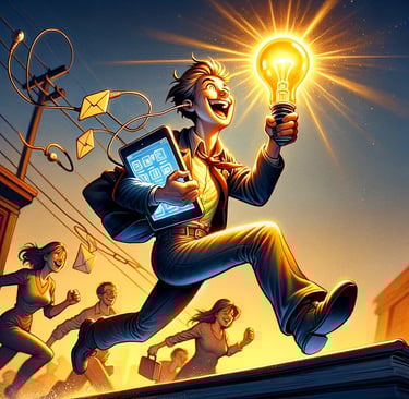 un dibujo de un chico corriendo entusiasmado con una tablet y una bombilla encendida 