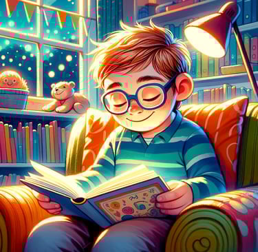 un dibujo de un niño con gafas leyendo