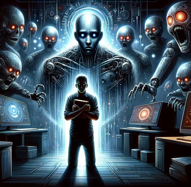 una ilustración de un hombre asustado rodeado de monstruos robot