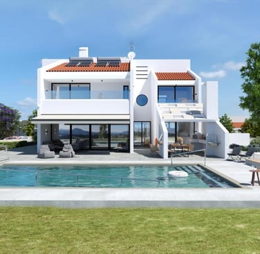 Modern white villa with private swimming pool, terrace, and solar panels under a clear blue sky.