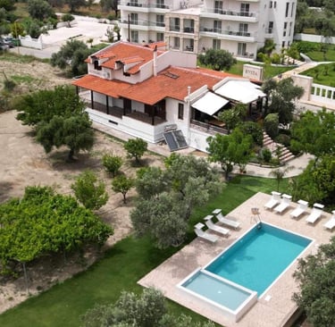 Aerial view of a Mediterranean villa with a swimming pool, sun loungers, and lush green olive trees.