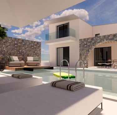 Modern luxury villa with a swimming pool, sun loungers, and stone walls under a blue sky.