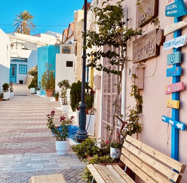 colorful picture in Rhodes Greece with colorful signs and blue sky