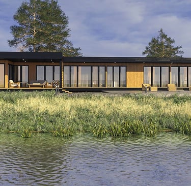 a house with a lake view and a boat in the water