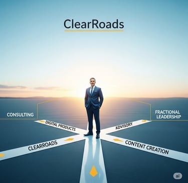 a man in a suit standing on a road with a clear sky