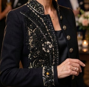 Veste de soirée brodée noire et or - JC GAL pour Perles de Soi