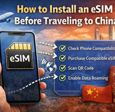 Infographic titled “How to Install an eSIM Before Traveling to China” showing a smartphone with eSIM