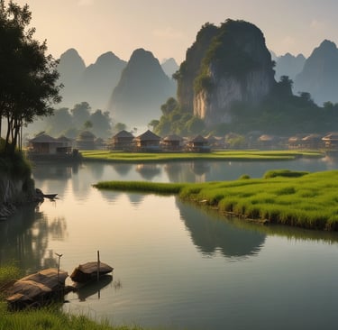 a boat is sitting on the water near a mountain; the Asia guide