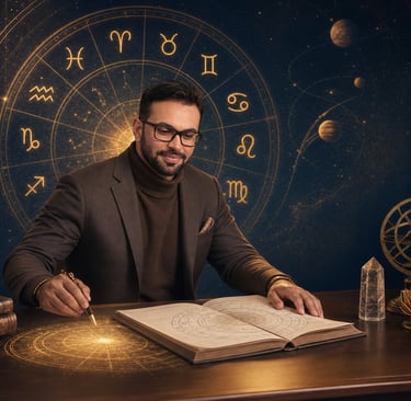Ashish Pande studying astrology timing with birth chart and zodiac background