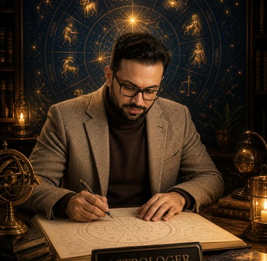Astrologer studying birth chart before prediction in AAIS astrology