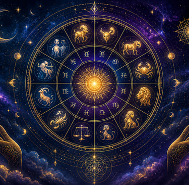 AAIS astrology zodiac chart with golden cosmic symbols