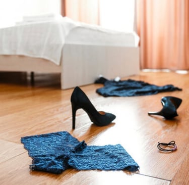 worn clothes on the floor: panties, high heels, a sexy dress, sell worn clothes 