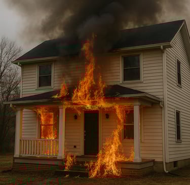 “Two-story house in Conroe beginning to catch fire, with flames emerging from the front porch