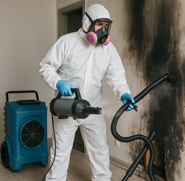 Boone's Restoration technician cleaning fire-damaged home with HEPA filtration equipment