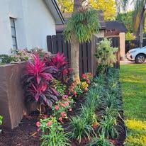 a garden with a tree stump and a planter