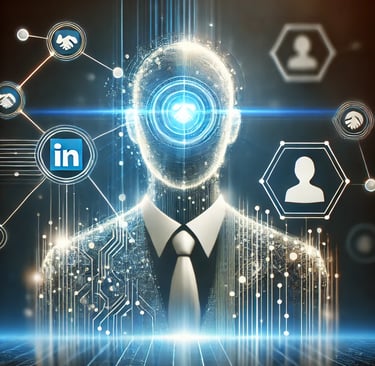 Futuristic AI assistant designed for professional networking and career growth, with LinkedIn and user profile icons.