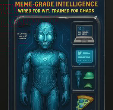 PersonAI action figure of PersonAI in a blister pack with laptop, mic, emoji, and pizza accessories for tech and meme fans.