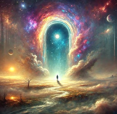 Surreal scene with glowing celestial doorway in a misty, ethereal landscape, evoking mystery and cosmic wonder.