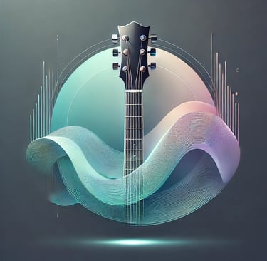 Abstract digital illustration of a guitar neck with flowing sound waves and modern, minimalist design.