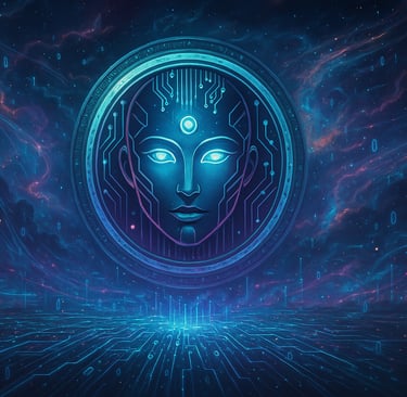 Futuristic AI emblem with glowing circuitry, cosmic background, and digital elements representing PersonAI.