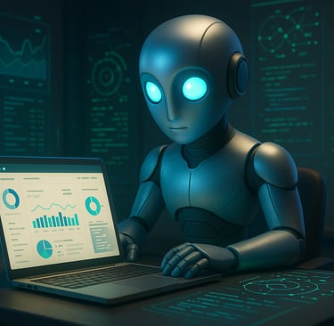 Futuristic AI robot analyzing website SEO data on a laptop, surrounded by glowing holographic graphs and charts in a dark tec