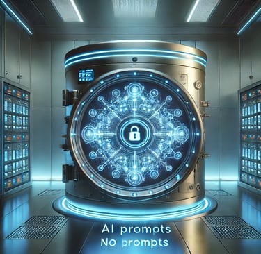 Futuristic high-tech vault with glowing AI-generated prompts, secured by a digital interface and neon blue keypad.