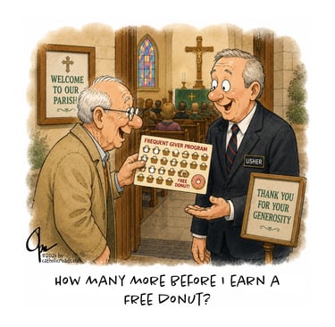 Cartoon of a generous, old parishioner hoping to earn a free donut
