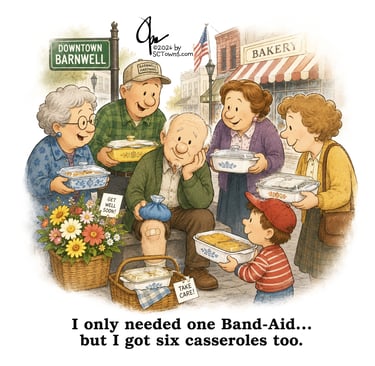 Cartoon of old man in small town with bandaid on knee and lots of healing casseroles too