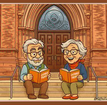 E.B and Opa study Catholic trivia on the steps of St John the Baptist Cathedral in Charleston