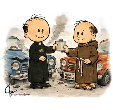 Cartoon of two priests at the scene of a carwreck