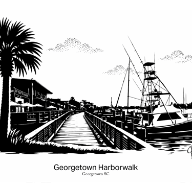 Black and white image of the Georgetown Harborwalk with the Palmetto Tree