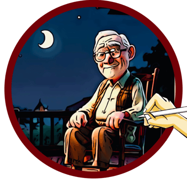 Old storyteller out in the country in a rocking chair on the porch.