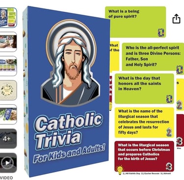 Picture of the Catholic Trivia Game and cards in the deck that come with the game.