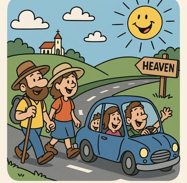 A cartoon image of people riding and walking on the Holy Highway. Every day is a Road Trip!