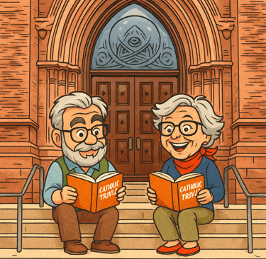 E.B and Opa studying Catholic trivia outside the Cathedral walls