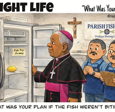 Cartoon of Bishop looking at empty refrigerator and asking Knights about plan when fish not biting