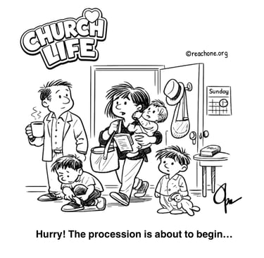Cartoon of frazzled family running late to mass.